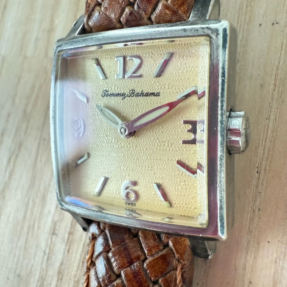 Tommy Bahama ladies square 925 silver brown leather Swiss watch NEW BATTERY